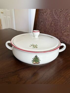 White Ceramic Covered Serving Bowl with Red Trim and Christmas Tree
